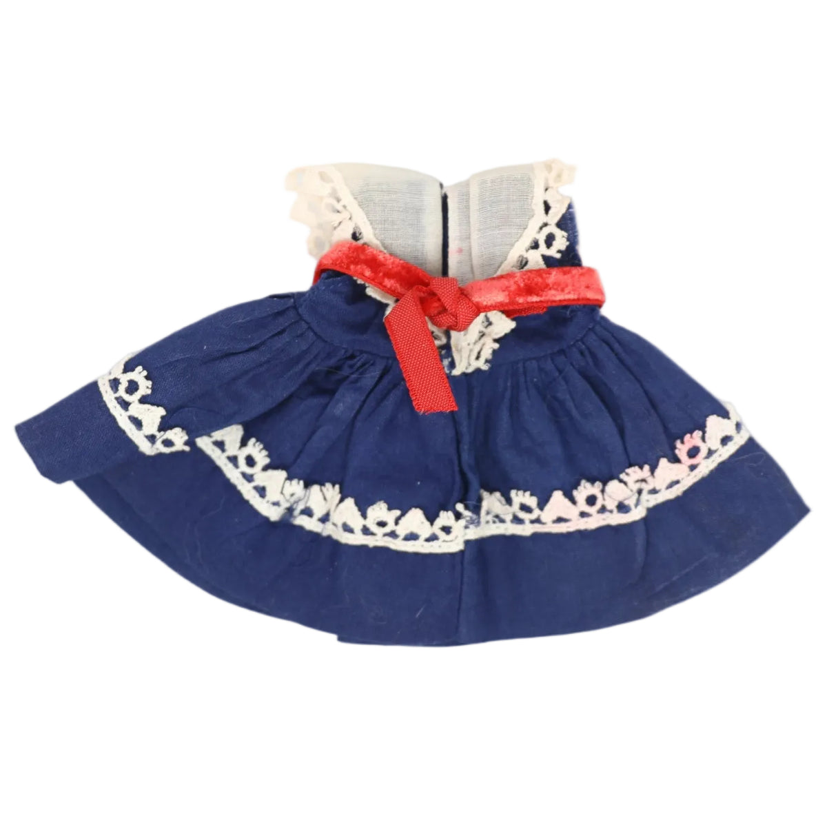 Vogue Ginny 1950s Navy Cotton Dress with White Lace Trim and Red Velvet belt