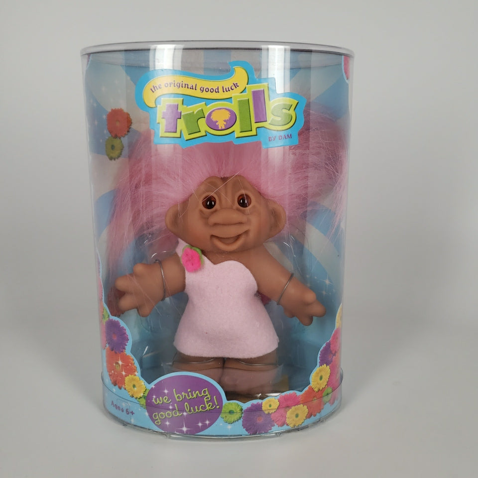 Jakks Pacific 2005 5" DAM Pink Dress Troll, Original Good Luck Doll