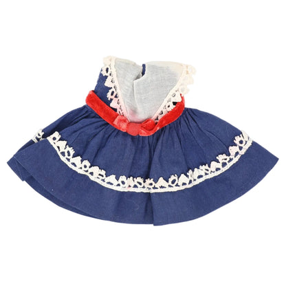 Vogue Ginny 1950s Navy Cotton Dress with White Lace Trim and Red Velvet belt