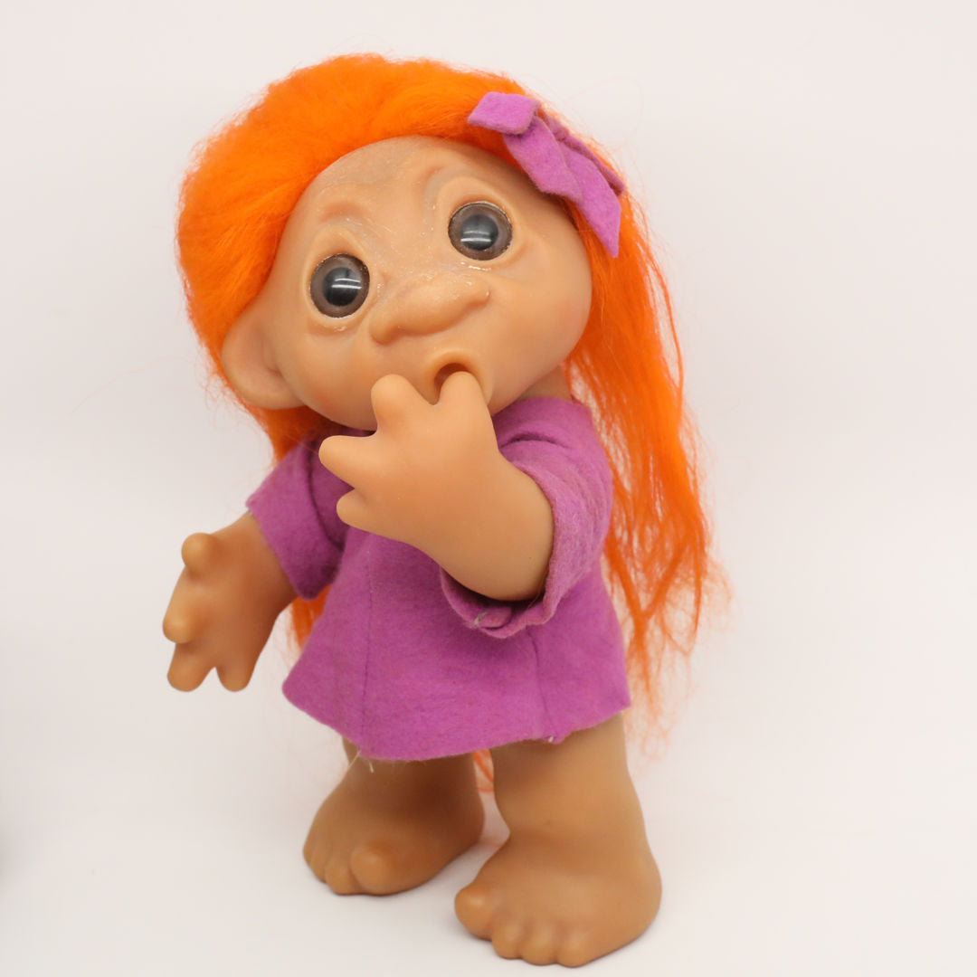 Thomas DAM Norfin Thumbsucker 1977 9" 604 Girl Troll Doll Orange Hair in Purple Dress
