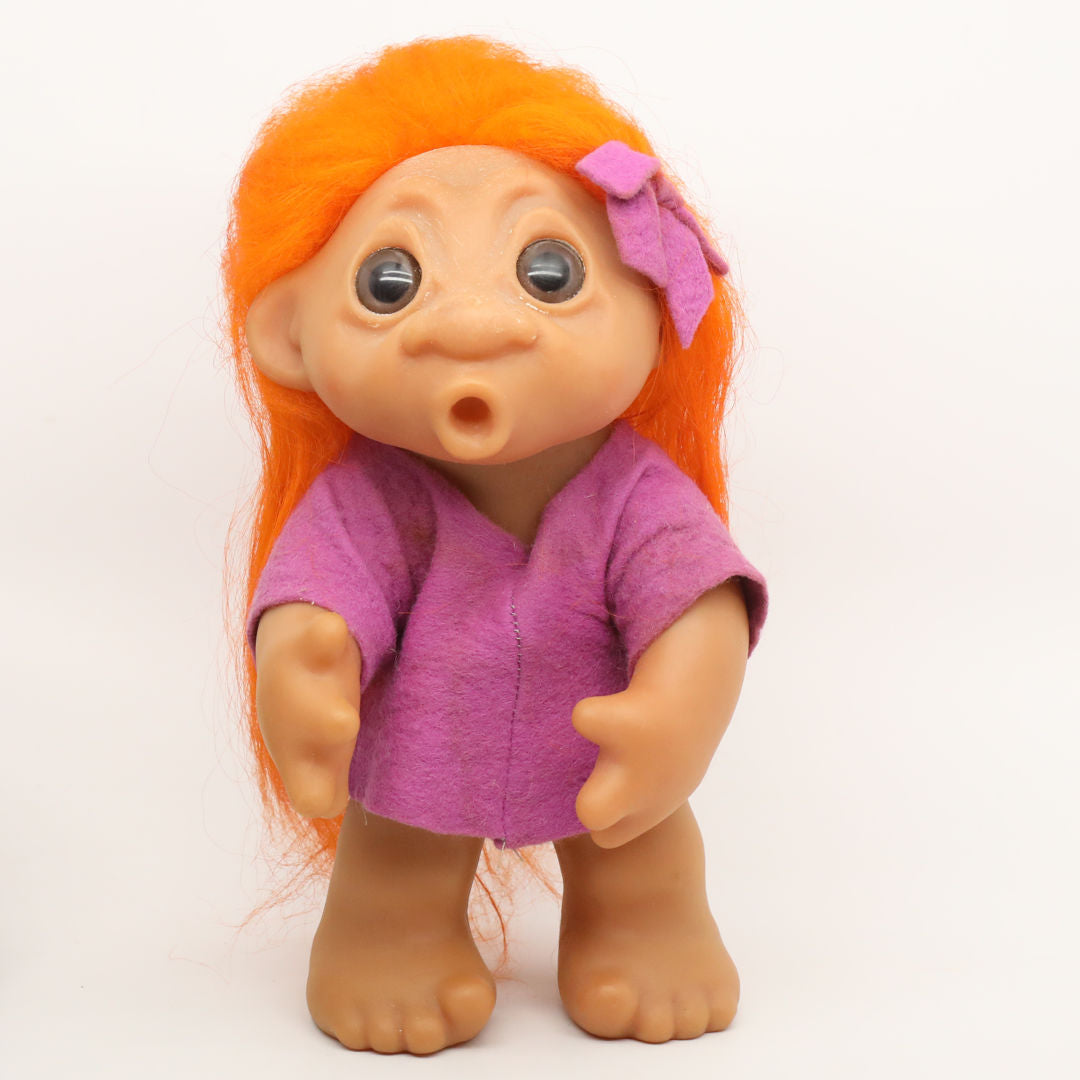 Thomas DAM Norfin Thumbsucker 1977 9" 604 Girl Troll Doll Orange Hair in Purple Dress