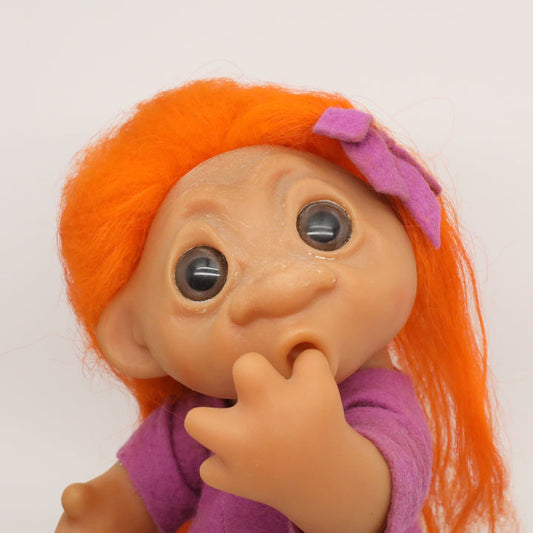 Thomas DAM Norfin Thumbsucker 1977 9" 604 Girl Troll Doll Orange Hair in Purple Dress