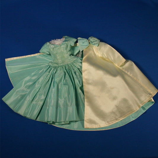 Madame Alexander Cissy Evening Opera Dress in Aqua Taffeta with Coat in Ivory Satin