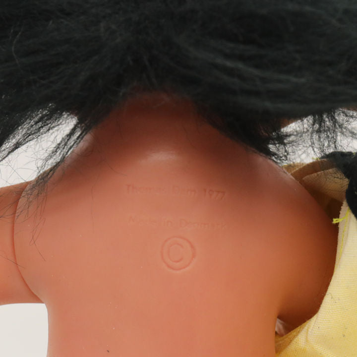 Thomas DAM Norfin 1977 9" Troll Doll Black Hair in Speckled Yellow Raincoat