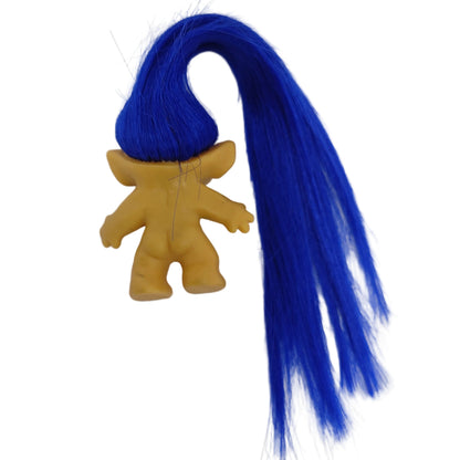 Unmarked 1960s 3.5" Troll Doll Long Blue Rooted Hair Orange Glass Spiral Eyes