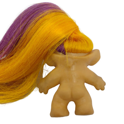 Unmarked 1960s 3.5" Troll Doll Long Dual-Color Rooted Hair Dark Blue Glass Spiral Eyes