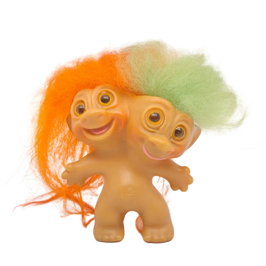 Uneeda 1965 3" Double-Nik Two-Headed Troll Doll - Orange Light Green