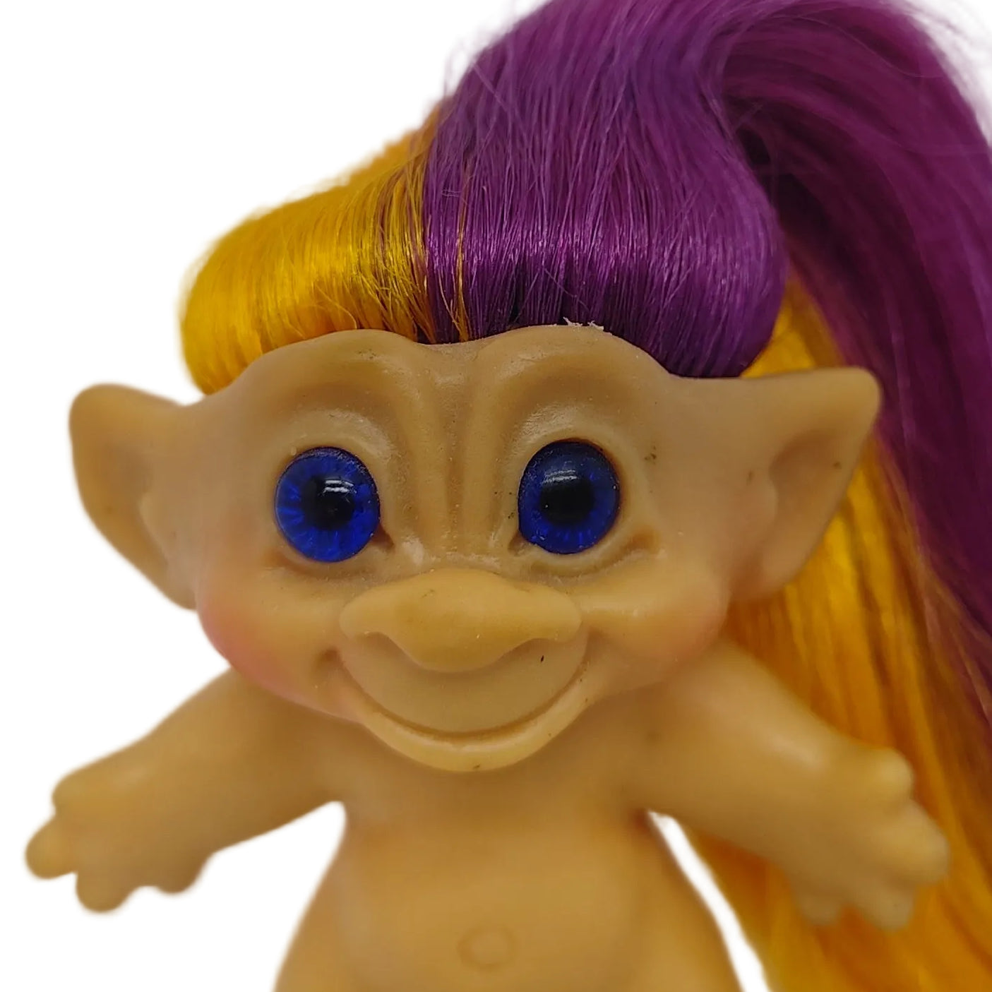 Unmarked 1960s 3.5" Troll Doll Long Dual-Color Rooted Hair Dark Blue Glass Spiral Eyes