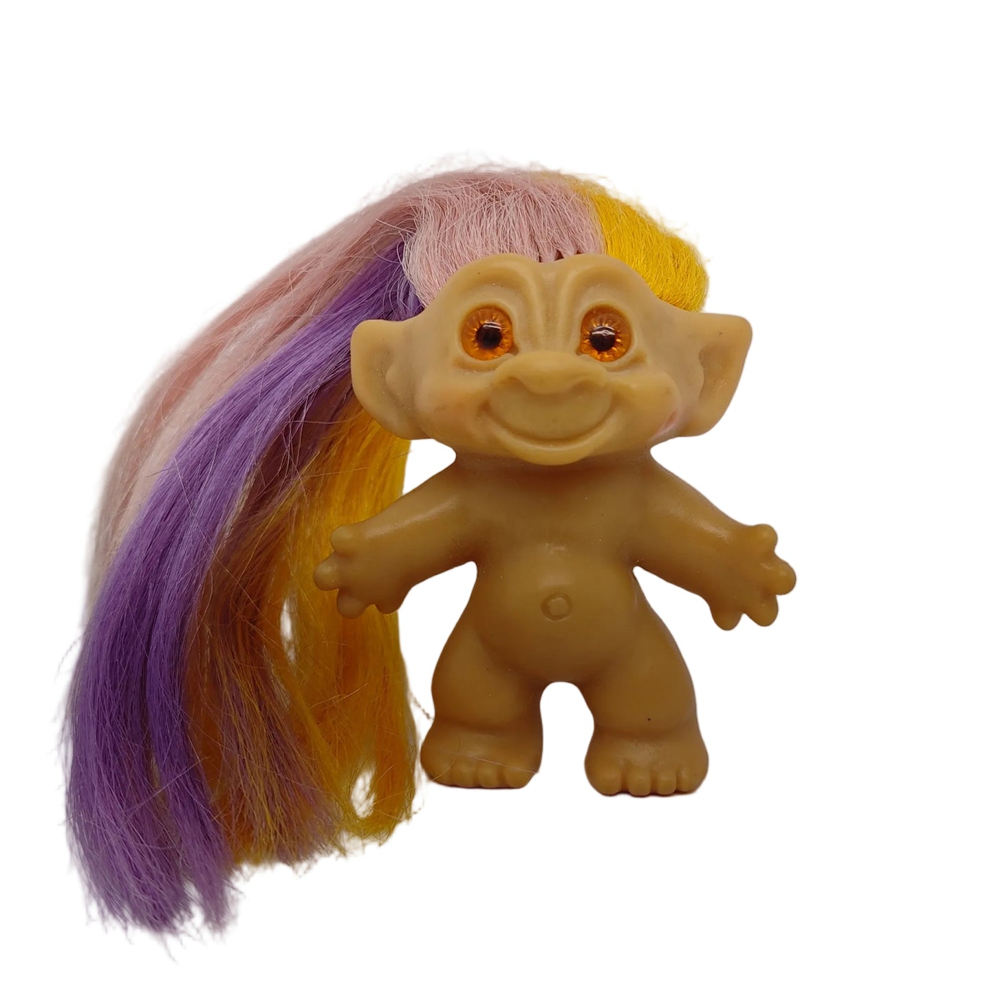 Unmarked 1960s 3.5" Troll Doll Long Tri-color Rooted Hair Orange Glass Spiral Eyes