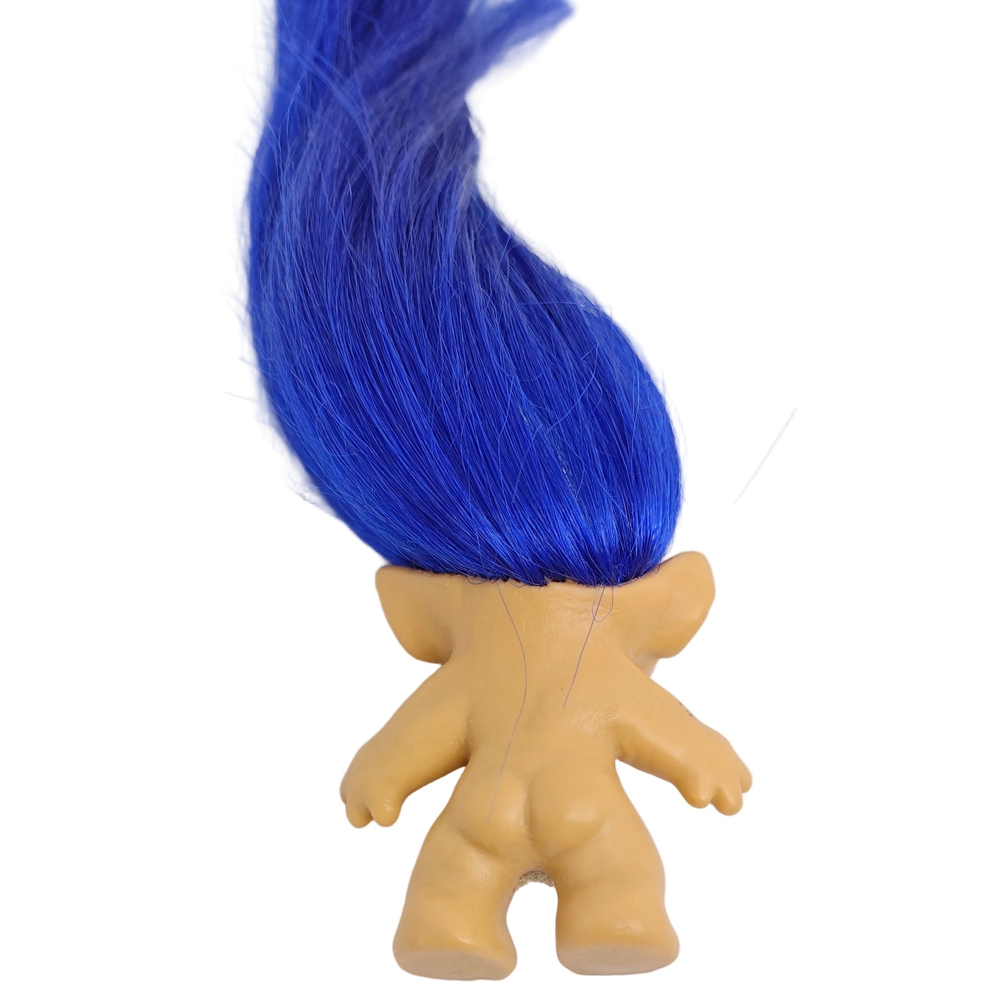 Unmarked 1960s 3.5" Troll Doll Long Blue Rooted Hair Orange Glass Spiral Eyes