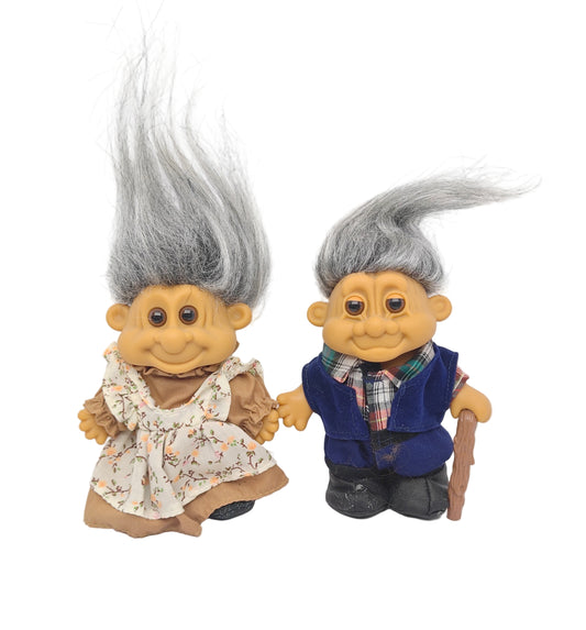 Russ 1990s Elderly Couple Bubby 18552 and Zeyda 18521 Troll 5" Dolls