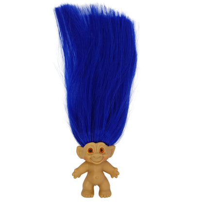 Unmarked 1960s 3.5" Troll Doll Long Blue Rooted Hair Orange Glass Spiral Eyes