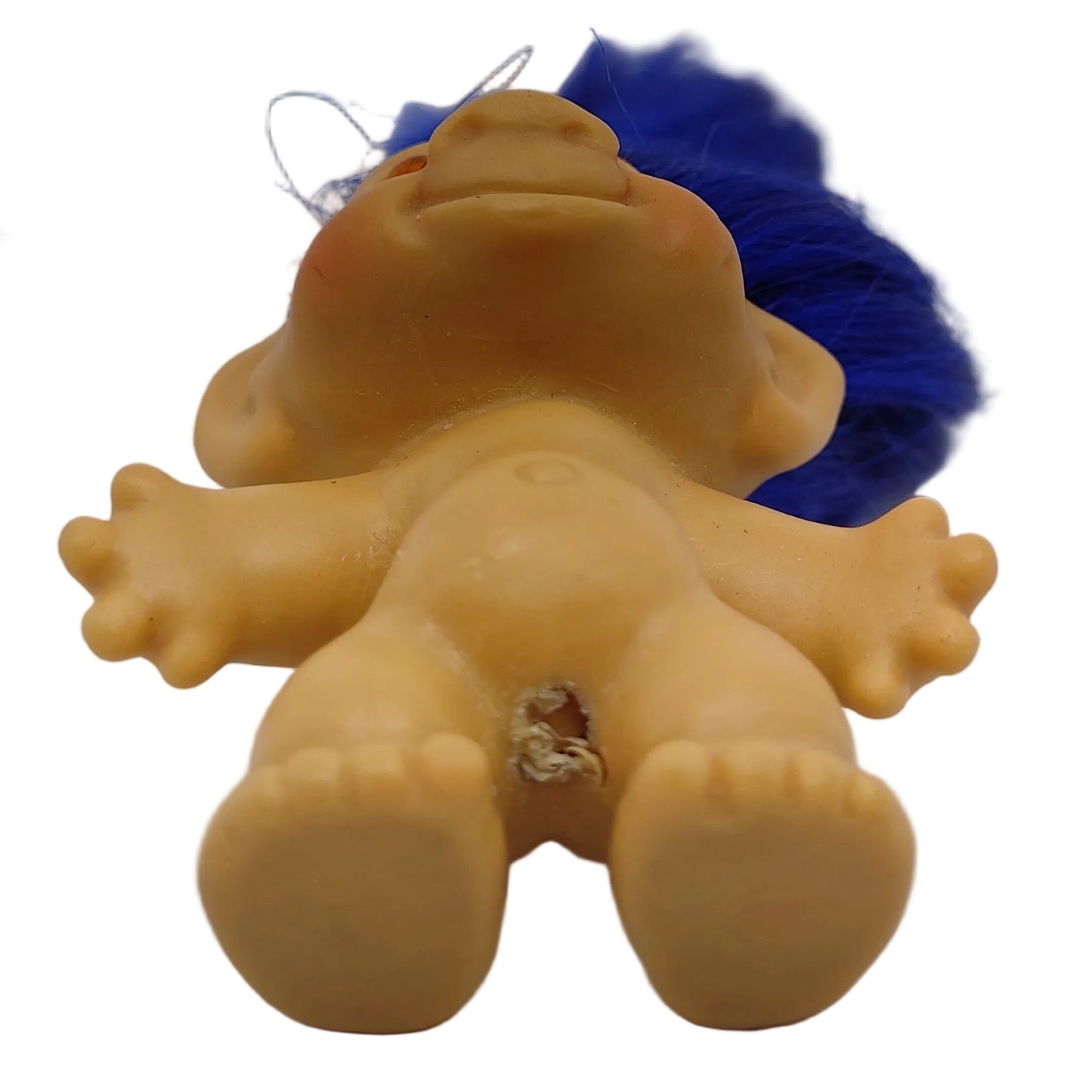Unmarked 1960s 3.5" Troll Doll Long Blue Rooted Hair Orange Glass Spiral Eyes