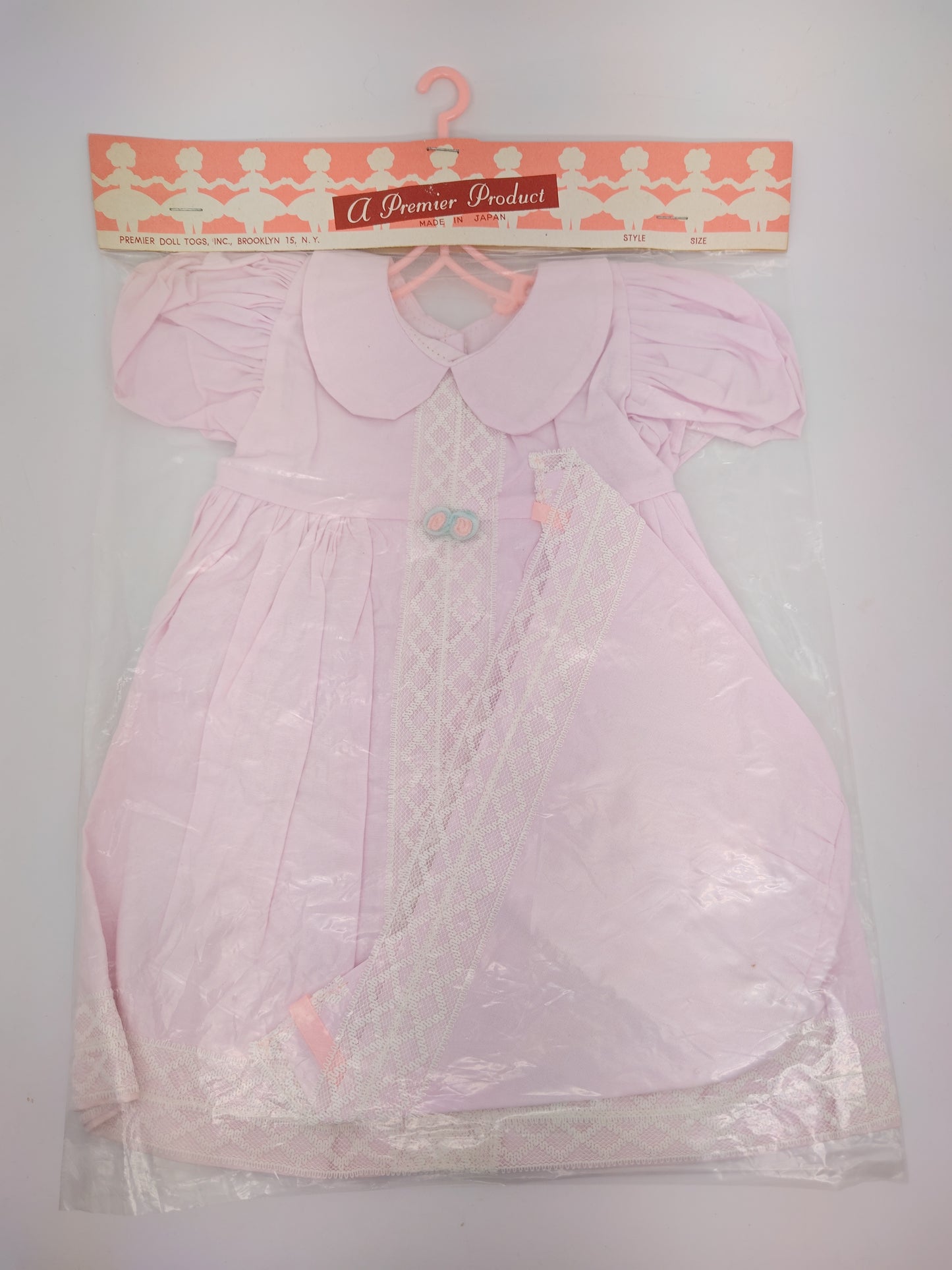 Premiere Company Dress and Bonnet with white lace and 2 flowers? at waist