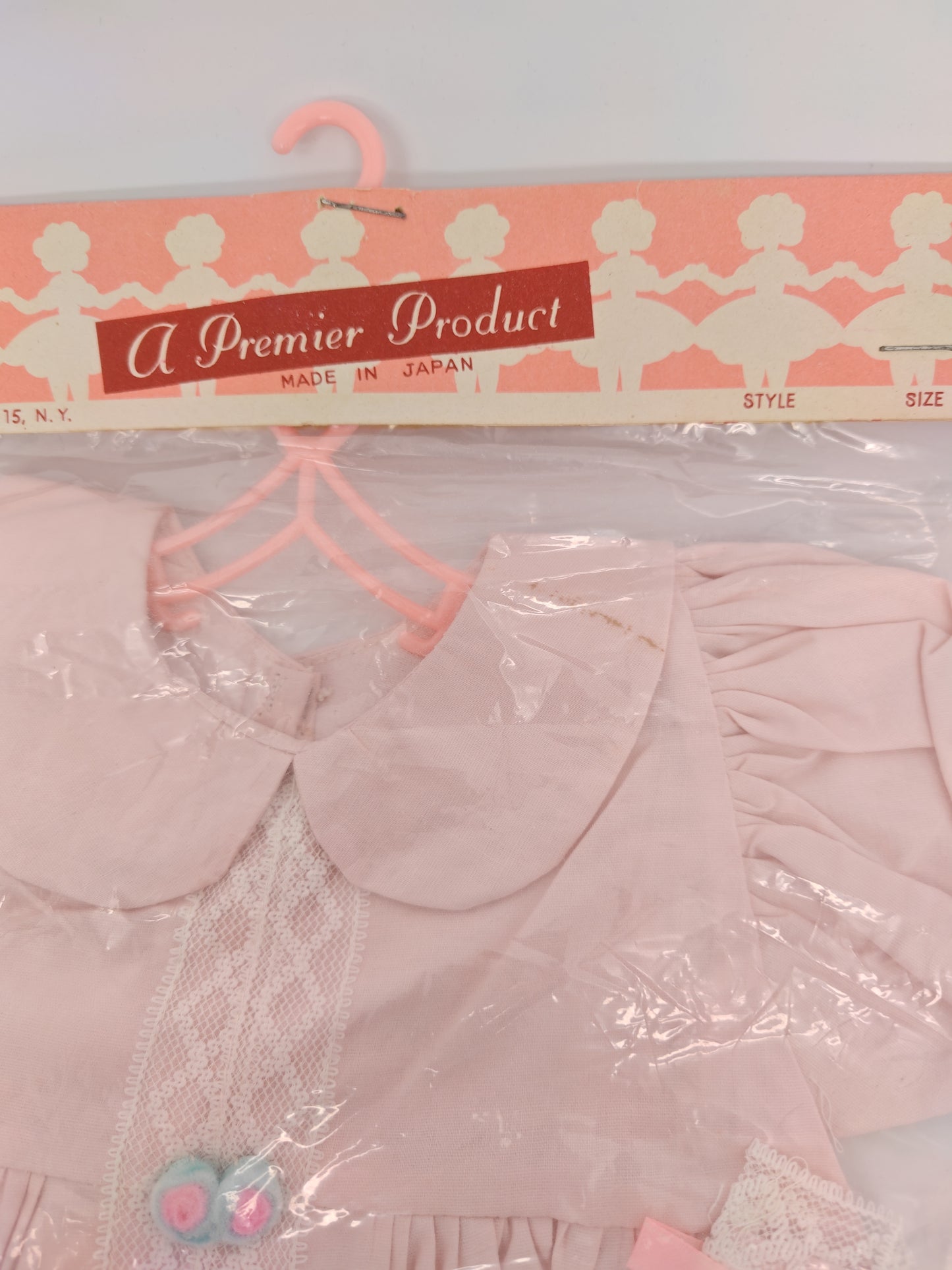 Premiere Company Dress and Bonnet with white lace and 2 flowers? at waist