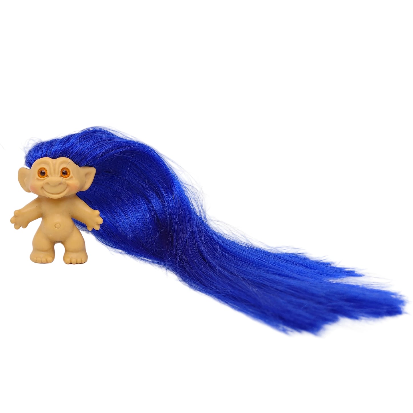 Unmarked 1960s 3.5" Troll Doll Long Blue Rooted Hair Orange Glass Spiral Eyes