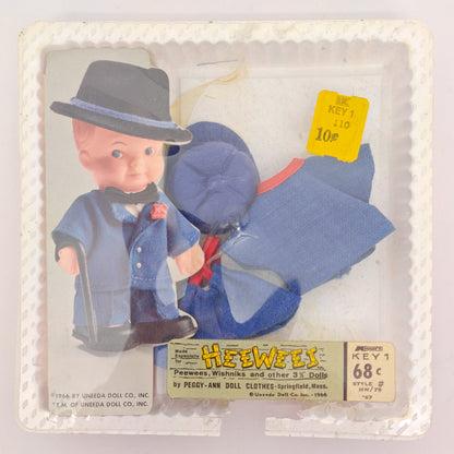 Uneeda 1966 Hee Wees Troll 3.5" Doll Outfit Blue Shirt, Shorts with suspenders and Ball Cap Hat NRFB
