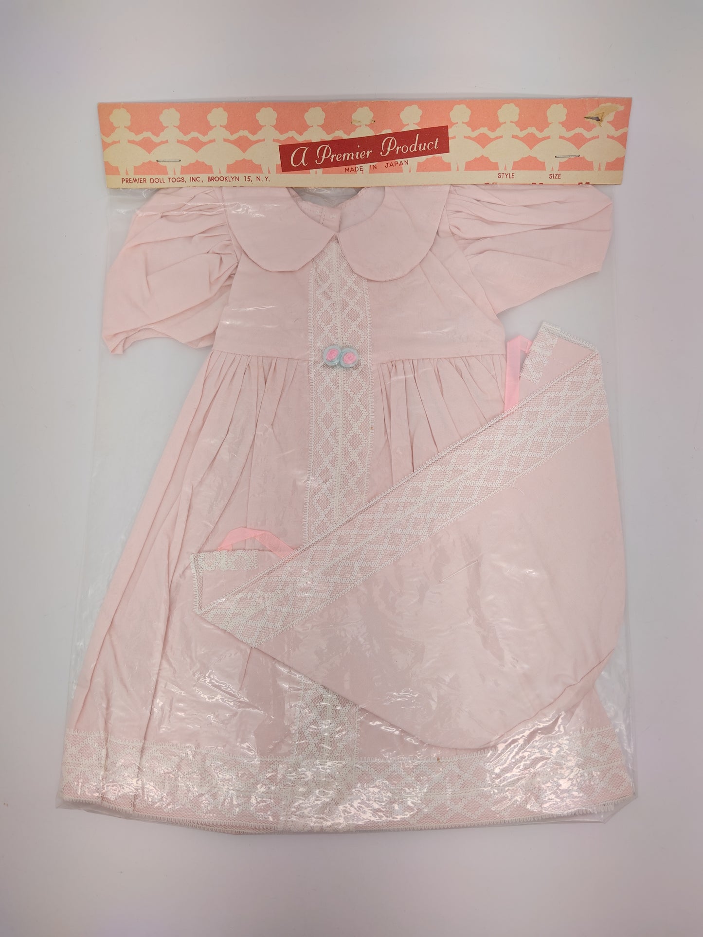 Premiere Company Dress and Bonnet with white lace and 2 flowers? at waist