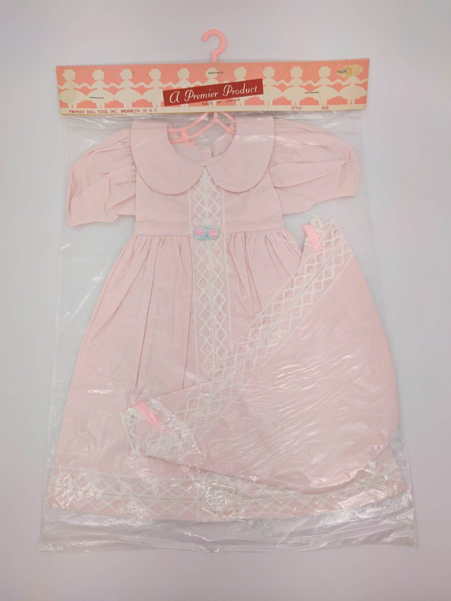 Premiere Company Dress and Bonnet with white lace and 2 flowers? at waist
