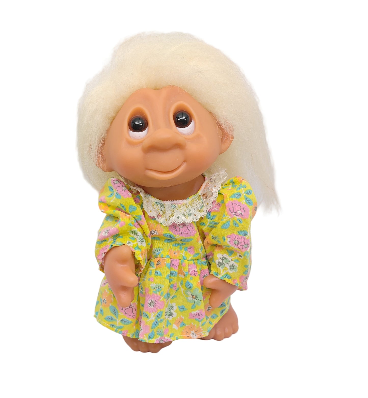 Thomas DAM Norfin Troldepige NR. 6041 1985 9" Girl Troll Doll White Hair in Floral Dress