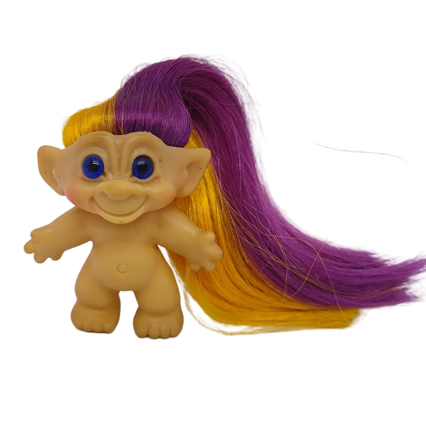 Unmarked 1960s 3.5" Troll Doll Long Dual-Color Rooted Hair Dark Blue Glass Spiral Eyes