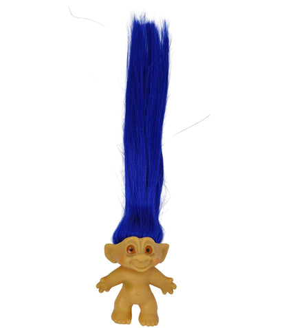 Unmarked 1960s 3.5" Troll Doll Long Blue Rooted Hair Orange Glass Spiral Eyes