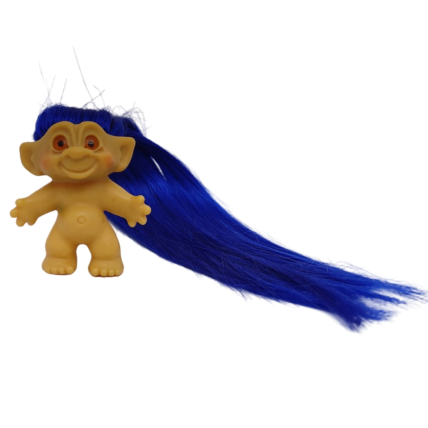 Unmarked 1960s 3.5" Troll Doll Long Blue Rooted Hair Orange Glass Spiral Eyes