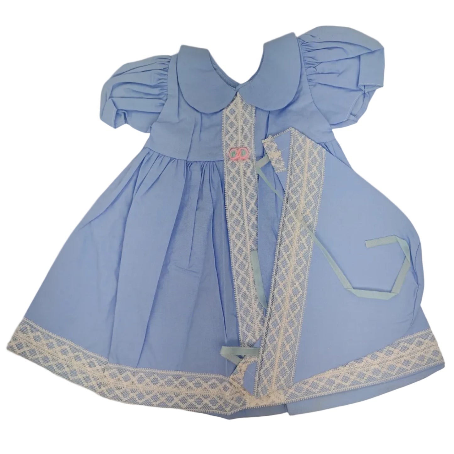 Premiere Company Dress and Bonnet with white lace and 2 flowers? at waist