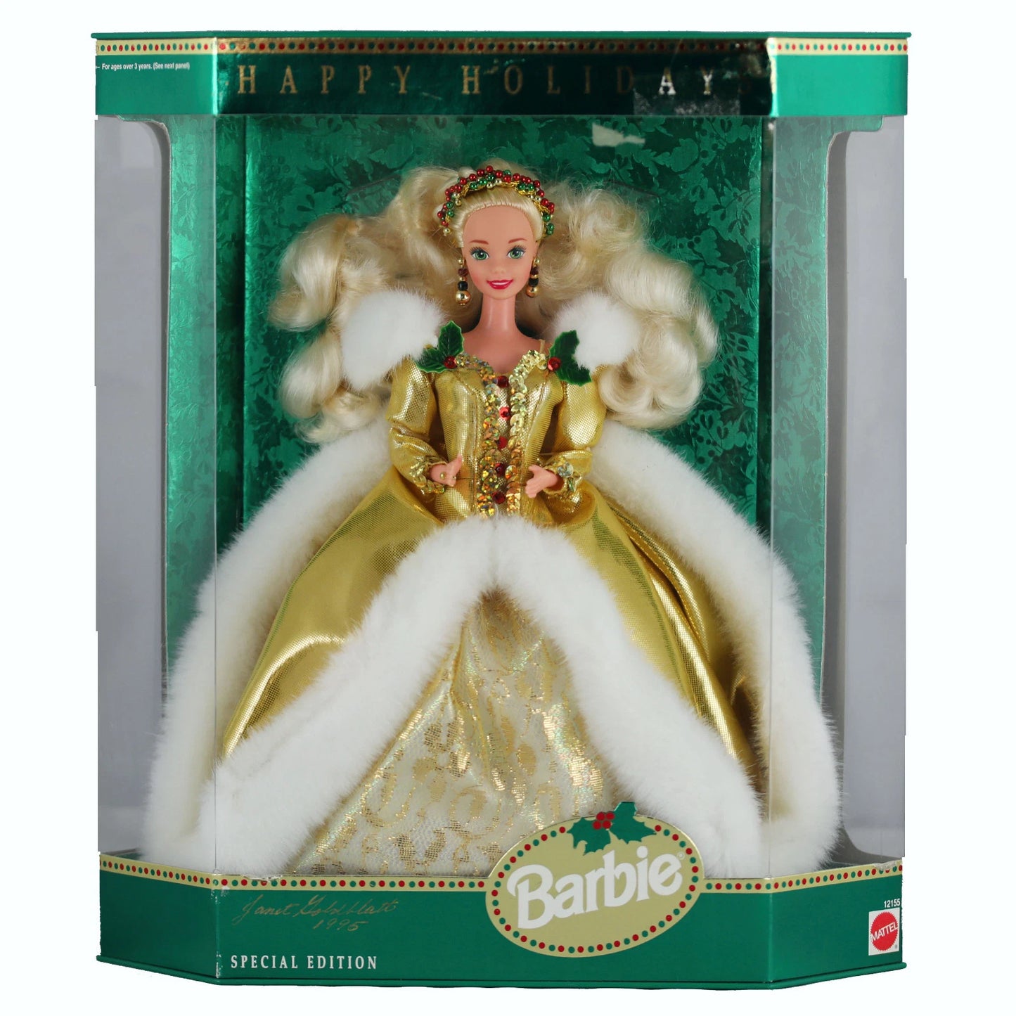 Mattel Barbie 1994 Happy Holiday Barbie doll NRFB SIGNED by designer Janet Goldblatt