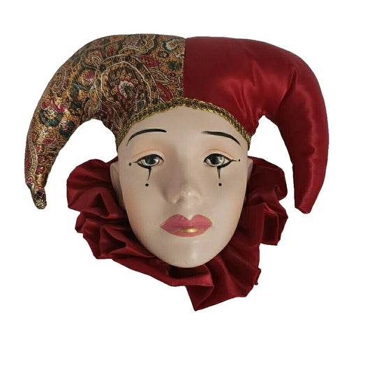 7" x 9" Porcelain Pierrot Bust Ornament Satin Burgandy & Paisley (Jester Clown)